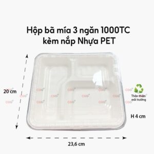 Hộp bã mía 3 ngăn nắp nhựa 1000TC