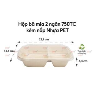 Hộp bã mía 2 ngăn 750ml nắp nhựa rời