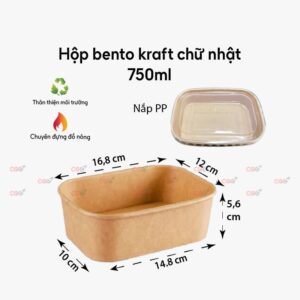 Hộp bento chữ nhật kraft 750ml