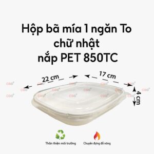 Hộp bã mía 1 ngăn chữ nhật nắp PET 850TC